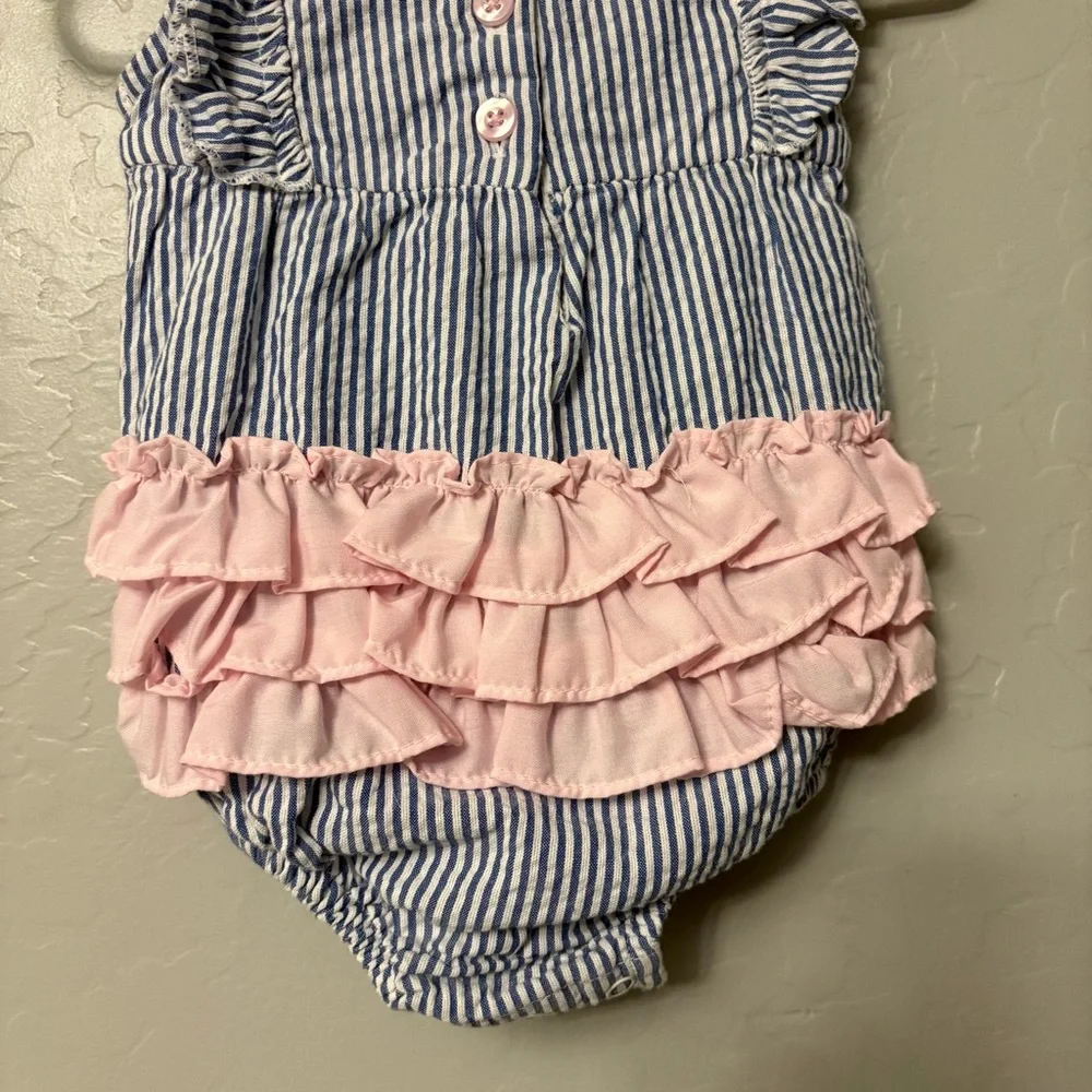 ⭐️Ruffle Butts blue and white striped pink bow ruffle romper 0-3 months